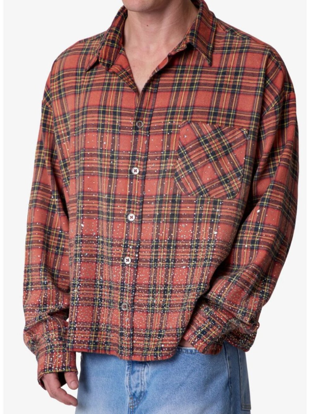 MNML Rhinestone Flannel Plaid Shirt Red NWT L
